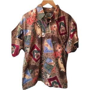 VTG Body Objects Men's XL Coffee Patchwork Hawaiian Shirt Made in USA 100% Cotto